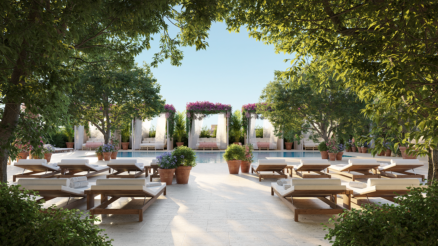 The Pool Terrace with lush landscaping and greenery at The Residences at The Tampa EDITION